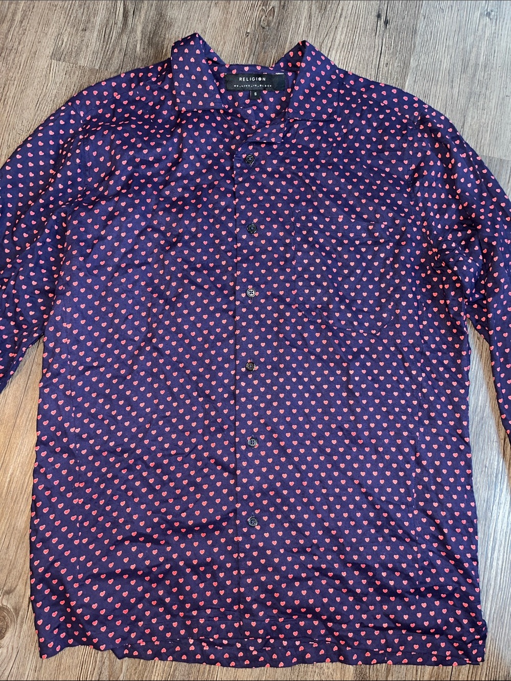 RELIGION Men's Heart Print Long Sleeve Button Down Shirt In Navy/Red